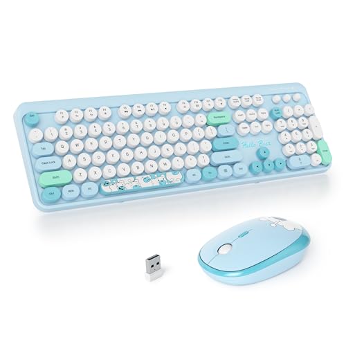 Wireless Typewriter Keyboard and Mouse Combo Retro 104 Key Full Size Office Set Blue Keyboard with Silent Round Keycaps, Ideal for Laptop and Desktop PCs, Cute Design Keyboard Blue